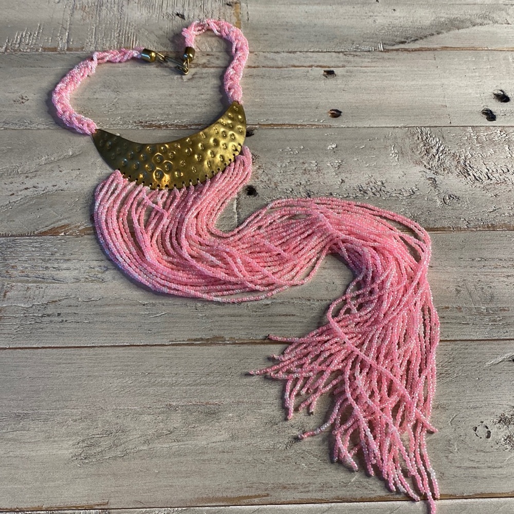 Vintage Cleopatra Necklace Brass? Pink Strand Beads Fashion 70’s VIBE Style